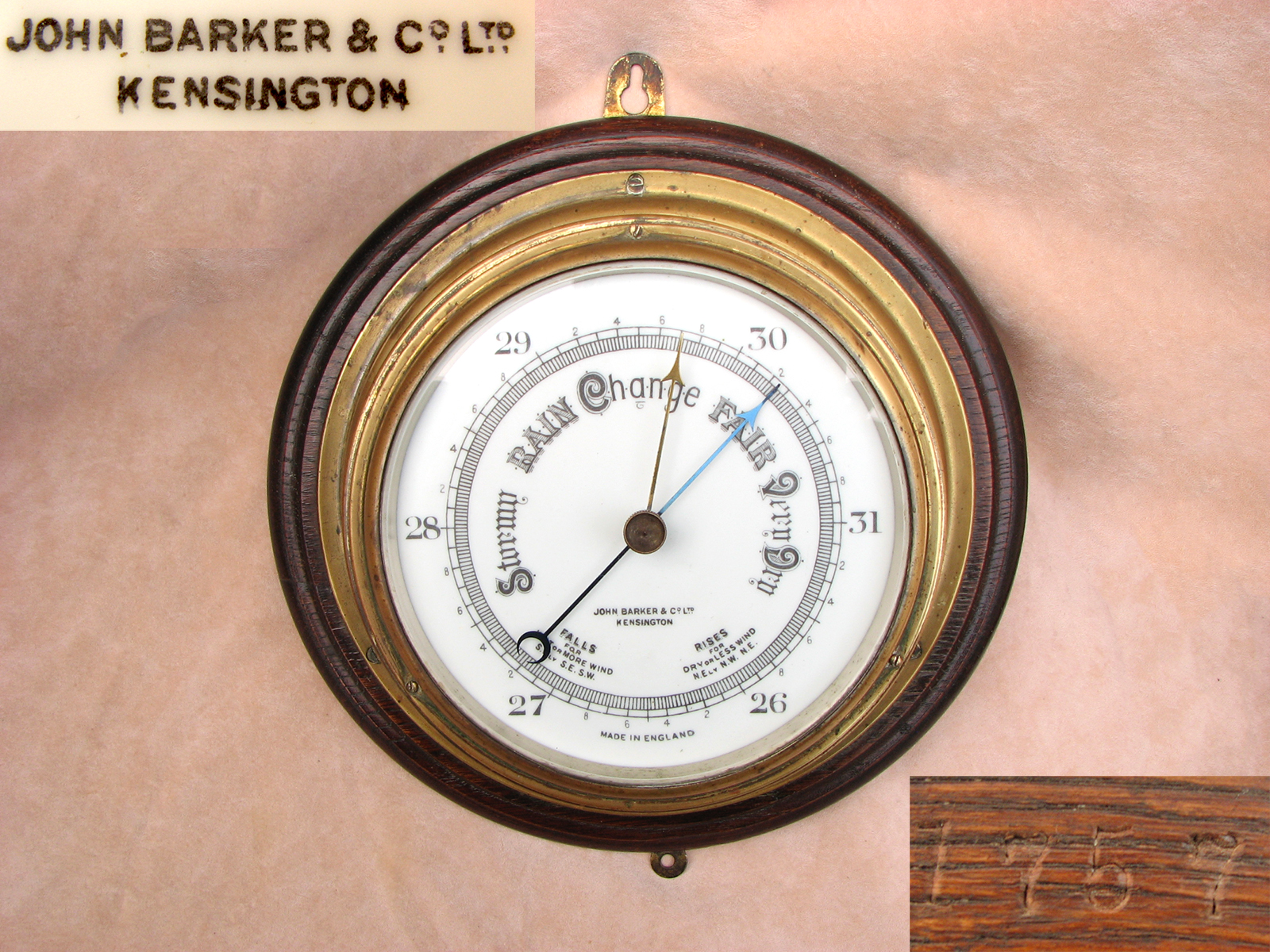 Antique Ships aneroid barometer signed John Barker Kensington